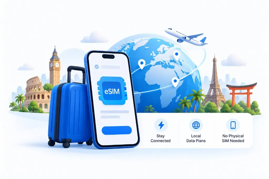 Ilustración de eSIM de viaje con un smartphone, un globo y monumentos del mundo