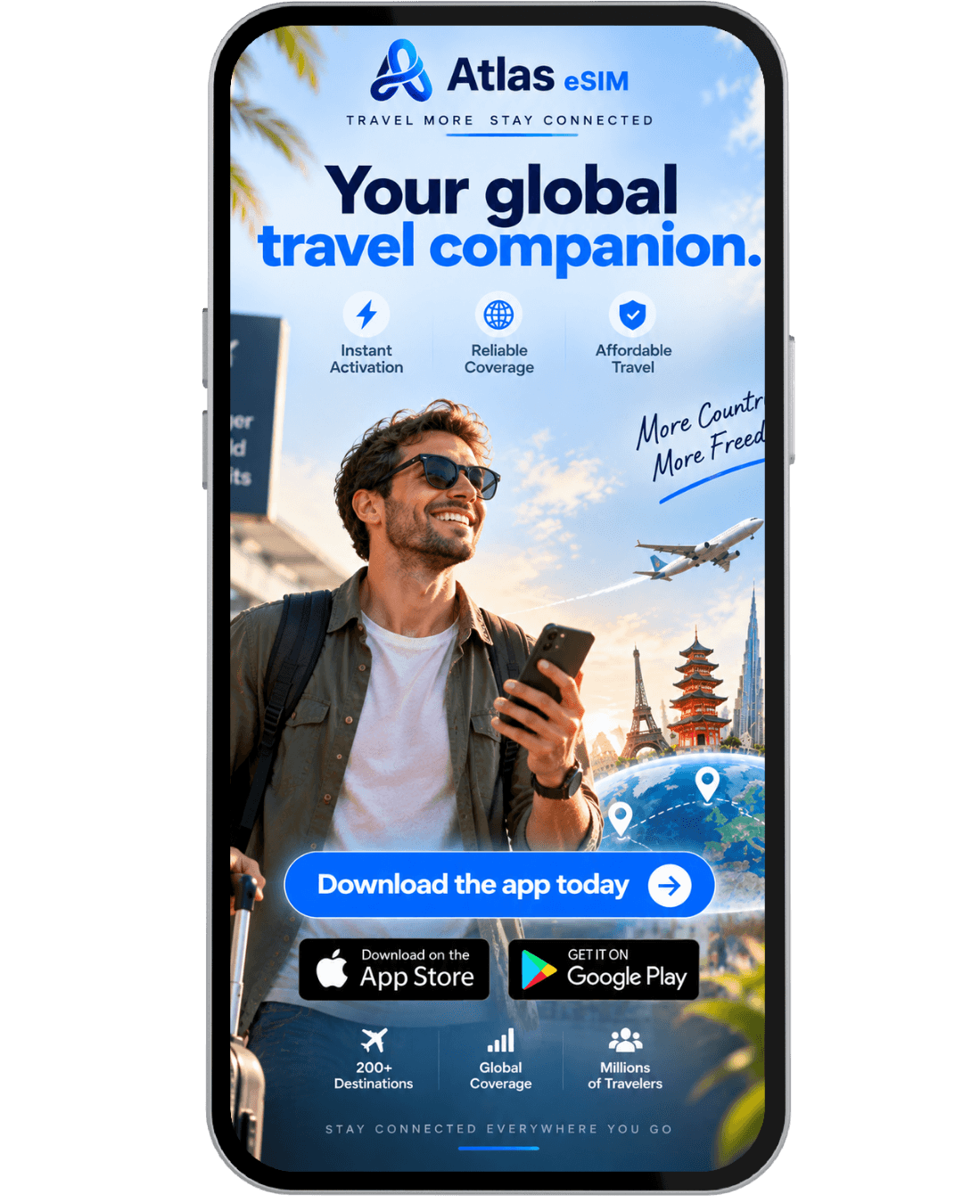 Smartphone displaying the Atlas eSIM app with travel data plans